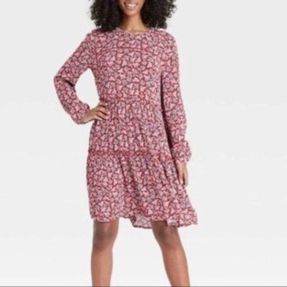 Knox Rose Red Paisley Tiered Midi Dress Long Sleeve Boho Rayon Womens Large